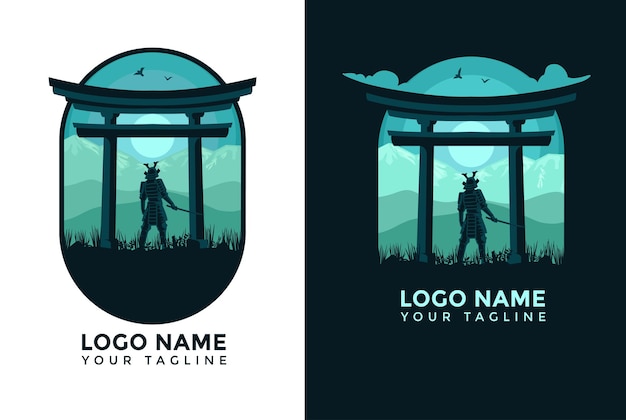 Flaches design landschaft samurai logo vorlage logo für unternehmen und handy wallpaper