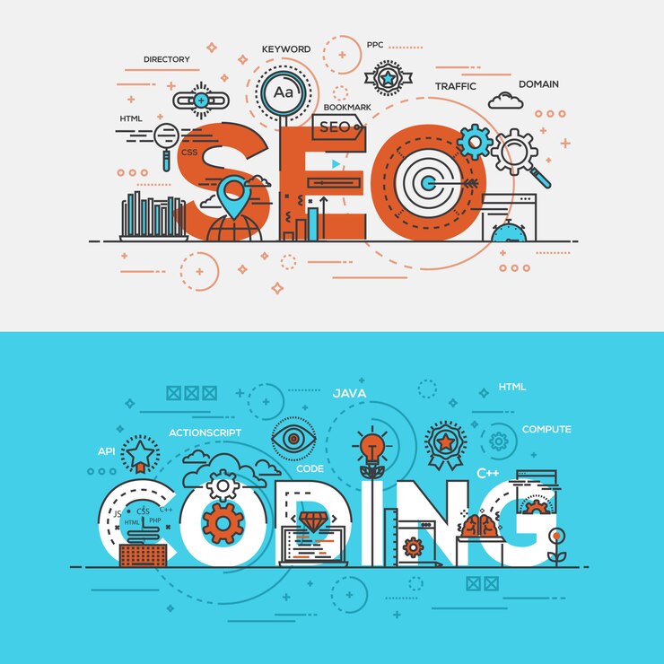 Flaches Design-Linienkonzept-Banner - Seo und Codierung