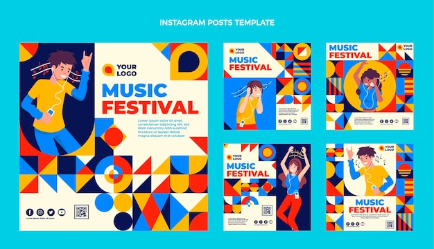 Flaches Design-Mosaik-Musikfestival-Instagram-Beiträge