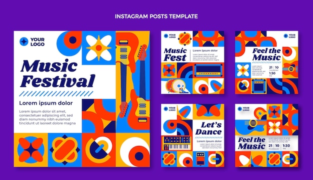 Flaches Design-Mosaik-Musikfestival-Instagram-Beiträge