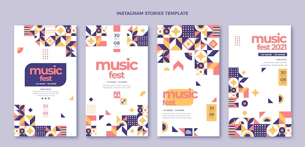 Vektor flaches design-mosaik-musikfestival-instagram-geschichten