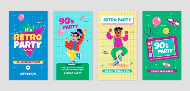 Vektor flaches design retro 90er party instagram geschichten