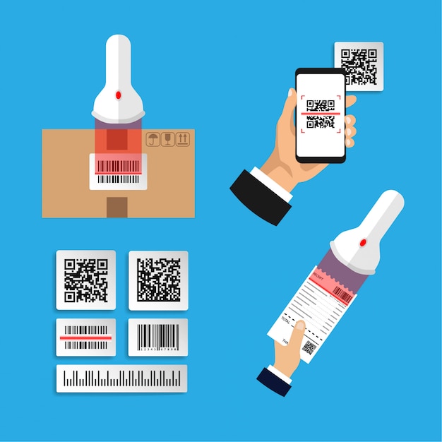 Flaches design von set-infografiken zum scannen von codes. scannen sie barcode und qr-code. isolierte illustration.