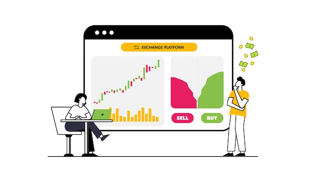 Flaches Designkonzept Börse und Händler Finanzmarktgeschäft mit Diagrammdiagrammanalyse