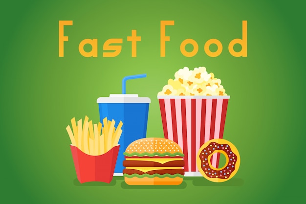 Flaches fast-food-banner mit burger, pommes frites, soda, popcorn und donut.