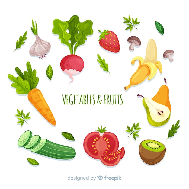 Flaches Gemüse und Fruchthintergrund