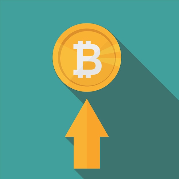 Flaches icon-design des aufwärtstrendlinienpfeils bis zum bitcoin-zeichen auf blauem hintergrund