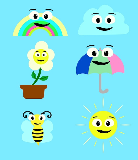 Flaches Icon-Set für Wetter-Emoticons. Cartoon-Regenbogen, Wolke, Sonne, Biene und Blume.