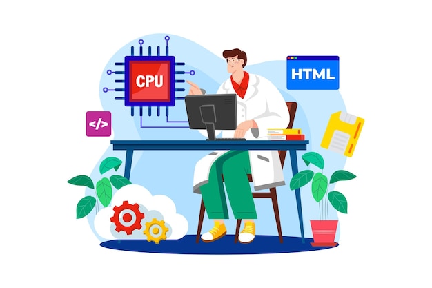 Flaches Illustrationskonzept des Informatikers auf weißem Hintergrund