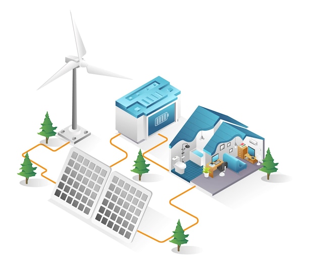 Flaches isometrisches 3d-illustrationskonzept des hauses mit sonnenkollektorenergie und windmühle