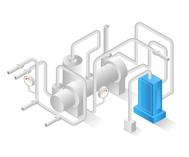 Flaches isometrisches illustrationskonzept öl- und gasindustrie mit pipelines und temperatur