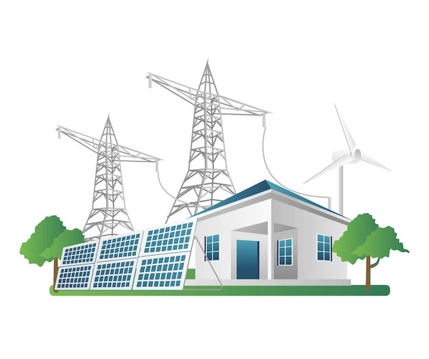 Flaches isometrisches konzept 3d-illustration solarpanel strommast für zu hause