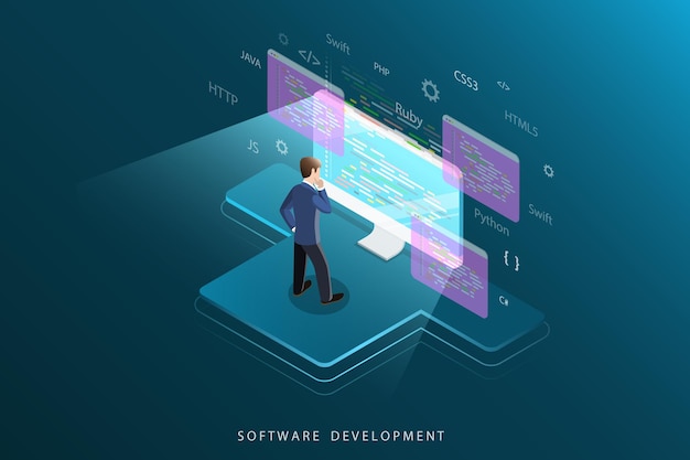 Flaches isometrisches konzept der softwareentwicklung, programmierung, codierung.