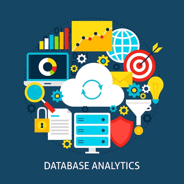 Flaches Konzept für Datenbankanalysen. Poster-Design-Vektor-Illustration. Satz von Big-Data-Objekten.