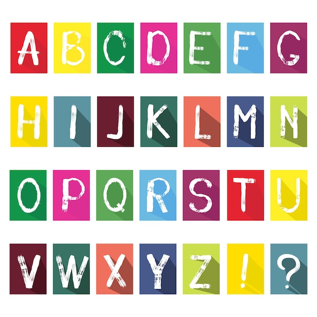 Flaches mehrfarbiges Skizzenbeschriftungsdesign, Alphabetikonen mit langem Schatten, Konzepthintergrund. Isoliert auf weißem Hintergrund. Flacher Stil. Vektor-Illustration