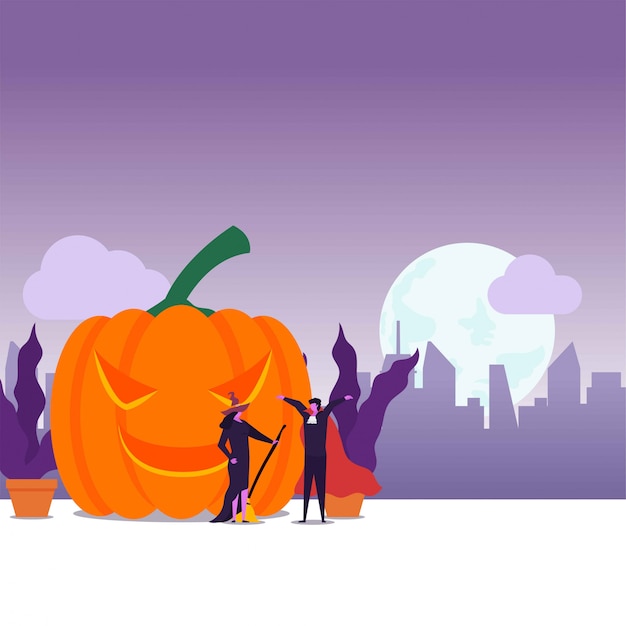 Flaches paar des halloween-festivals kleiden sich wie dracula und hexe für trick oder leckerei.