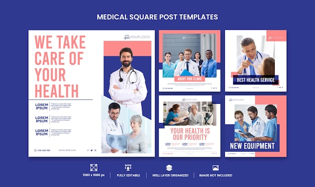 flaches Set-Design medizinische quadratische Flyer-Vorlage Instagram-Post-Design