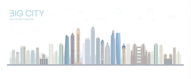 Flaches Vektorstadtgebäudedesign. Städtische Skyline-Stadtbild. Stadtlandschaft mit hohen Wolkenkratzern. Vektor-Illustration. EPS 10