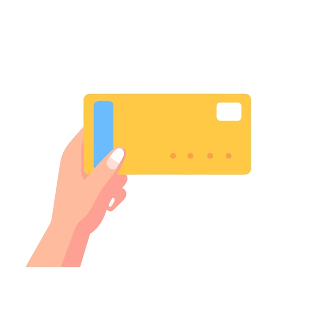 Vektor flaches vektorsymbol: eine hand, die eine gelbe kreditkarte mit flachem design hält