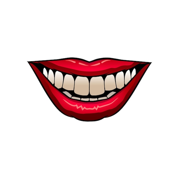 Vektor flaches vektorsymbol mit leuchtend roten weiblichen lippen das lächeln einer aufrichtigen frau mit weißen zähnen design für mobile app-aufkleberposter der zahnklinik
