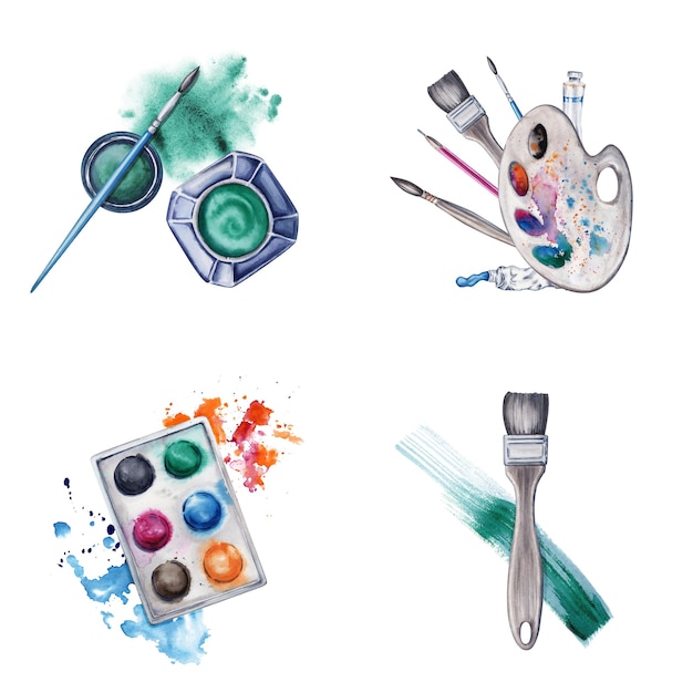Flachlagekompositionen mit grüner Flaschenpalette und Pinselstrich mit Spritzer Aquarell
