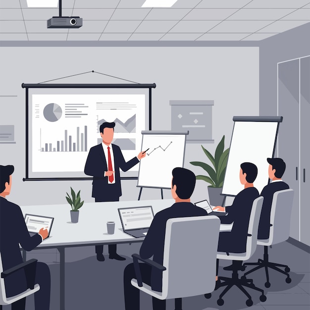 Flachvektorillustration der Geschäftspräsentation in einem modernen Konferenzraum für professionelle Treffen