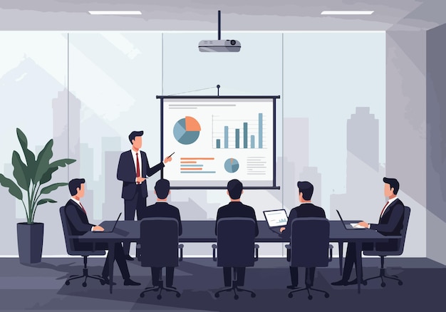 Flachvektorillustration der Geschäftspräsentation in einem modernen Konferenzraum für professionelle Treffen