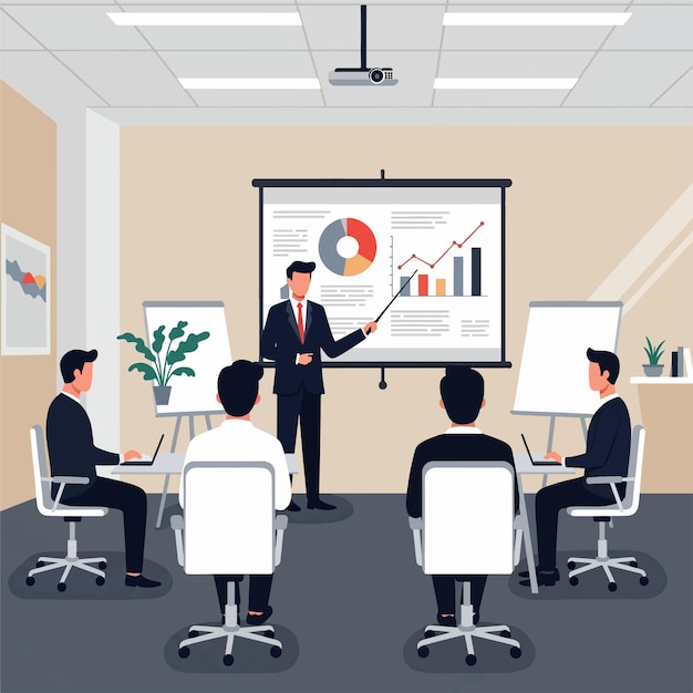 Flachvektorillustration der Geschäftspräsentation in einem modernen Konferenzraum für professionelle Treffen