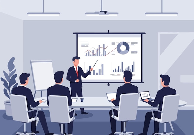 Flachvektorillustration der Geschäftspräsentation in einem modernen Konferenzraum für professionelle Treffen