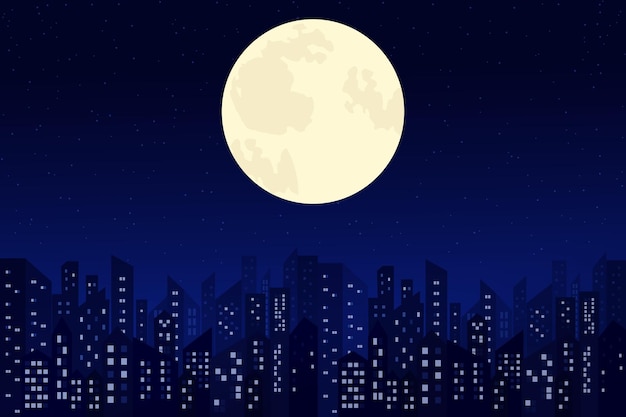 Flachvektorillustration einer Nachtstadt mit Mond und Sternen