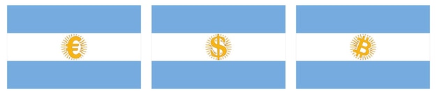 Flagge Argentiniens, Sonnengesicht ersetzt durch Euro, Dollar, Bitcoin-Zeichen. Argentinischer Handel mit Europa, den Vereinigten Staaten und dem Handelskonzept für Kryptowährungen