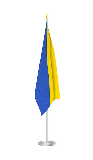 Flagge der Ukraine auf Stahlfahnenmast Ukrainische Flagge isoliert auf weißem Hintergrund