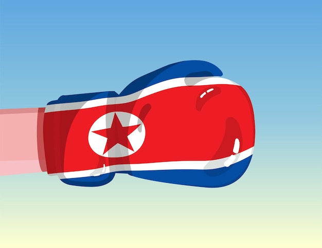 Flagge Nordkoreas auf Boxhandschuh Konfrontation zwischen Ländern mit Wettbewerbsmacht