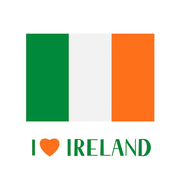 Flagge von irland und schriftzug i love ireland mit herz isoliert von weiß leicht zu bearbeitende vektorvorlage für banner typografie poster logo design postkarte t-shirt flyer aufkleber etikett etc