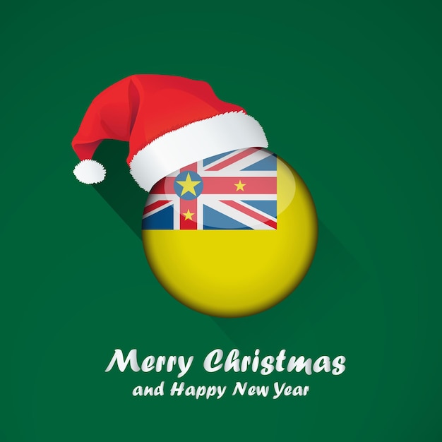 Flagge von Niue. Frohe Weihnachten und ein glückliches neues Jahr Hintergrunddesign mit glänzender runder Flagge von Niue. Vektor-Illustration.