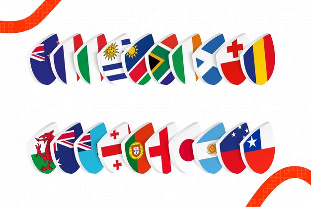 Flaggen der teilnehmer an internationalen rugby-turnieren alle flaggen ikonen im rugby-stil vektor-illustration