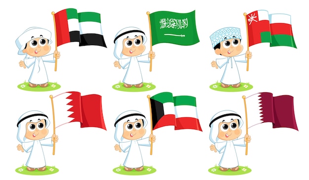 Flaggen des golfkooperationsrates (vereinigte arabische emirate, saudi-arabien, oman, bahrain, kuwait und katar)