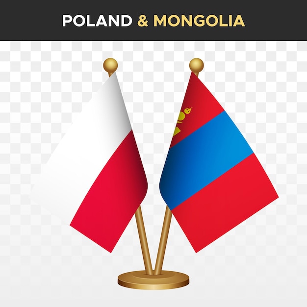 Vektor flaggen von polen gegen die mongolei 3d-flagge von polen auf einem stehtisch vektorillustration