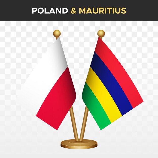 Flaggen von polen gegen mauritius 3d-flagge von polen auf einem stehtisch vektorillustration