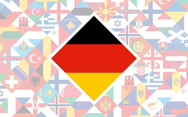 Flaggenhintergrund europäischer länder mit großer flagge deutschlands im zentrum für fußballwettbewerbe.