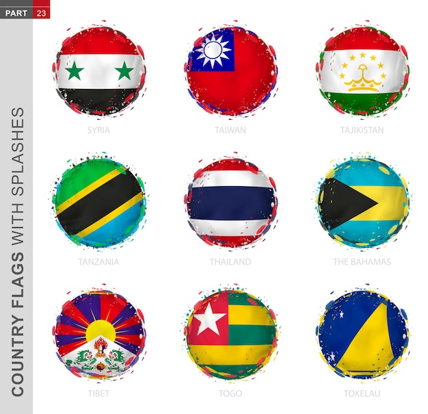 Flaggensammlung runde grunge-flagge mit spritzern 9 vektorflaggen