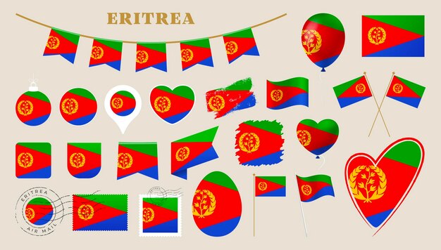 Flaggensatz von Eritrea Verschiedene nationale Flaggensammlungen mit verschiedenen Formen wie Herzschild Ostereier Ort Kreis Poststempel Grunge Quadrat rund und Rechteck Vektorillustration