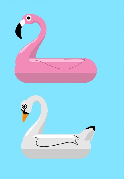 Vektor flamingo und schwan inable schwimmbad schwimmt. illustration. ringe zum schwimmen. satz schwimmringe. aufblasbares gummispielzeug. schwimmkreise mit verschiedenen formen