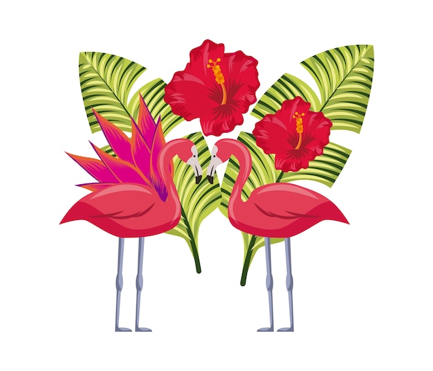 Flamingo und tropische blumen und blätter