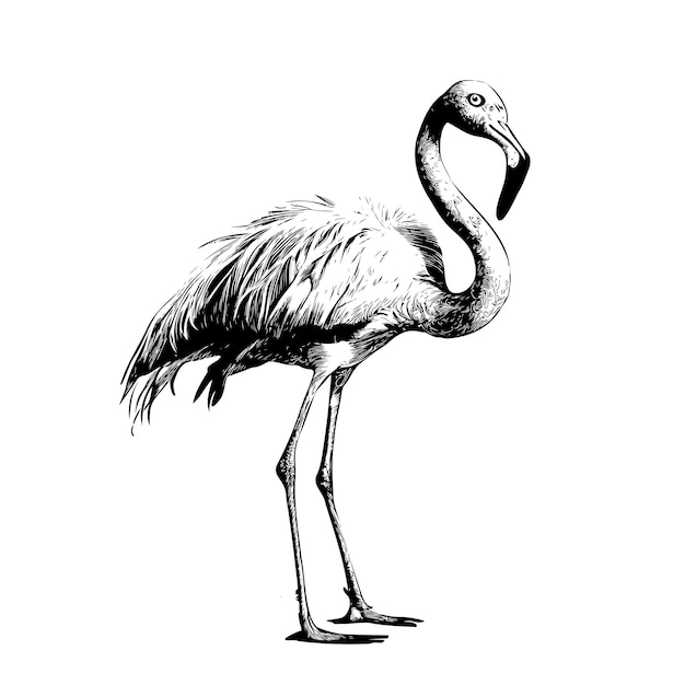 Flamingo Vogel stehende Skizze abstrakte handgezeichnete Gravur Stil Vektor-Illustration.