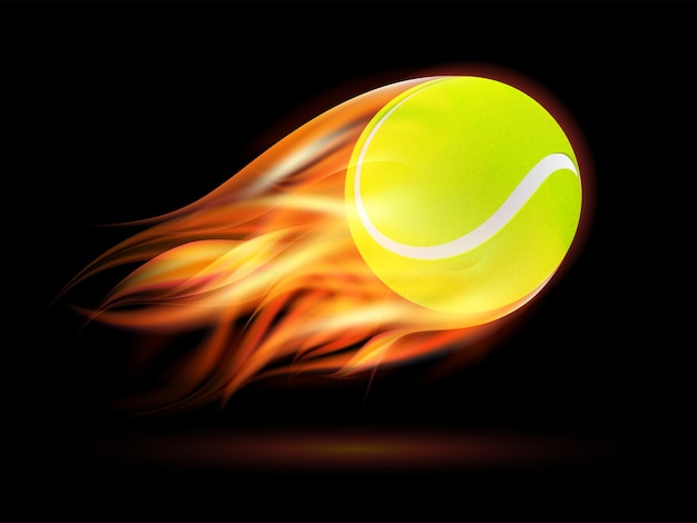 Flammender tennisball. tennisball fliegt in feuer auf dunklem hintergrund. vektorillustration