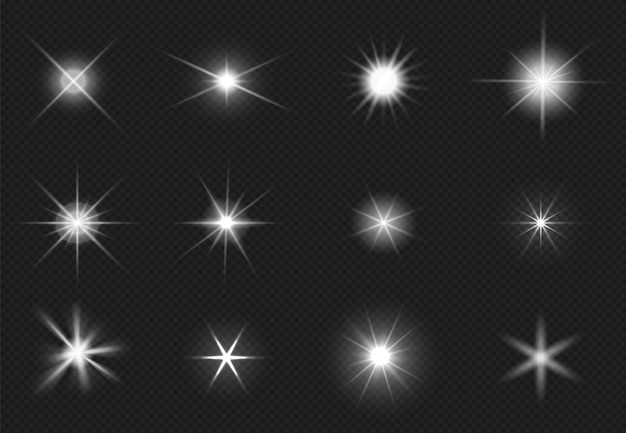 Flares und funkelnde Sterne-Effekt. Weißer Lichtausbruch, glänzende Blendung. Magischer Starburst, realistisches Glühset. Schöne leuchtende Explosion mit Strahlen isoliert auf transparenter Vektorillustration