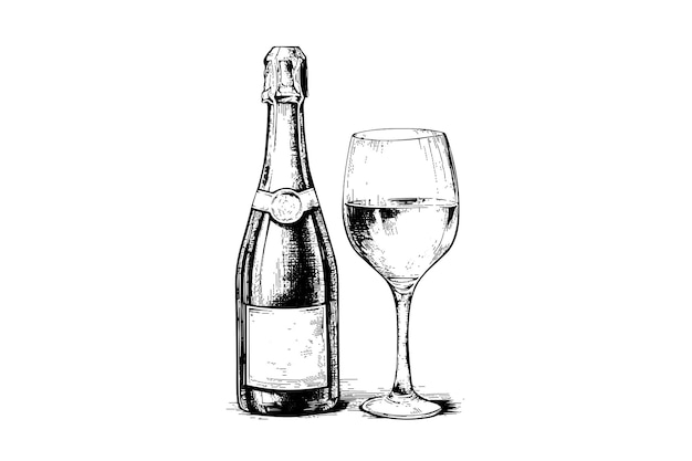 Flasche mit champagner und weinglas, gravurstil, handgezeichnete skizze, vektorillustration