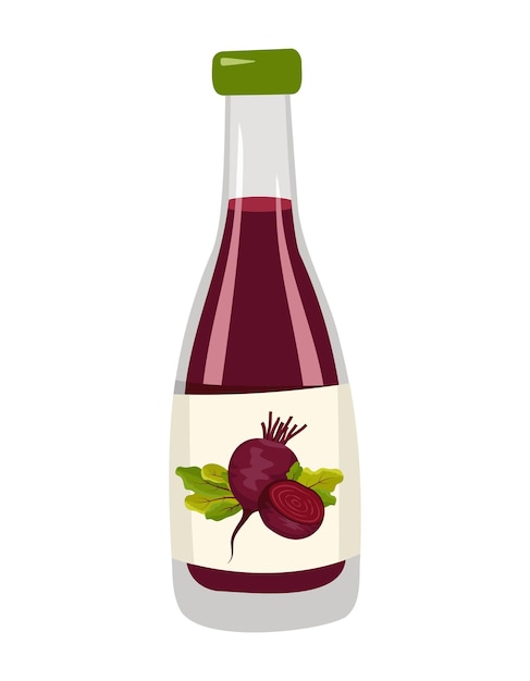 Flasche mit rote-bete-saft, ganzes gemüse mit blättern und hälfte. köstliches gesundes getränk und produkt. flache illustration des lebensmittelvektors