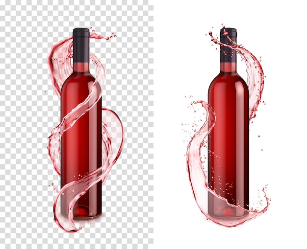 Vektor flasche mit rotweinspritzer und wirbel 3d-vektor